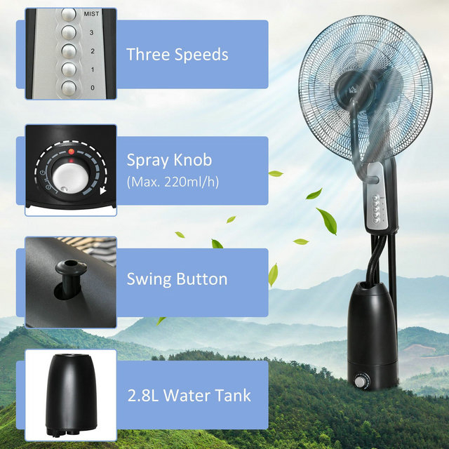 HOMCOM Pedestal Fan With Water Mist Spray Standing Fan w/ 2.8L Water Tank Black