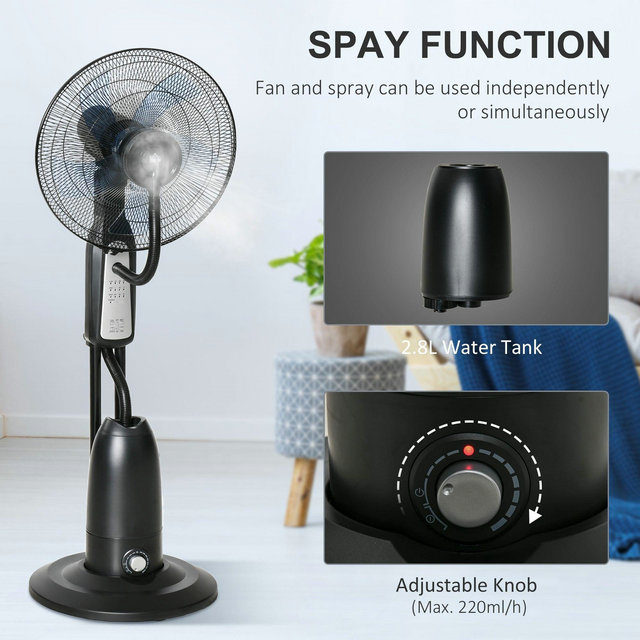 HOMCOM Pedestal Fan With Water Mist Spray Fan w/ 2.8L Water Tank Black